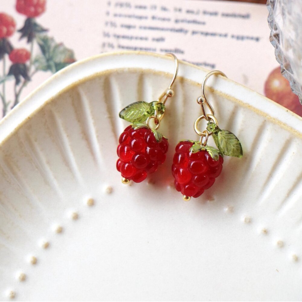 raspberry with leaf lampwork earrings handmade glass berries botanical nature